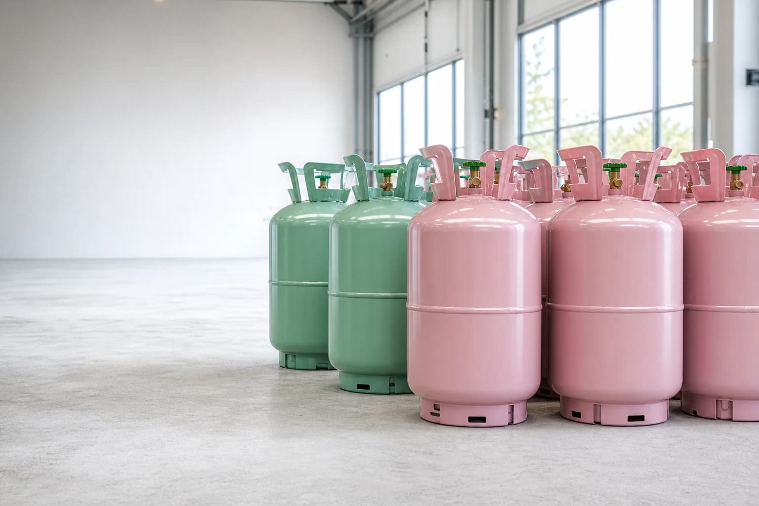 Factory-sealed refrigerant cylinders in a US warehouse