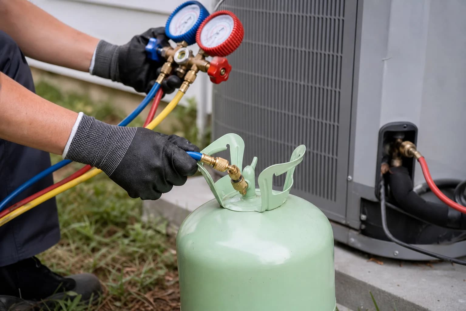 Technician connecting a gauge hose to a sealed refrigerant cylinder